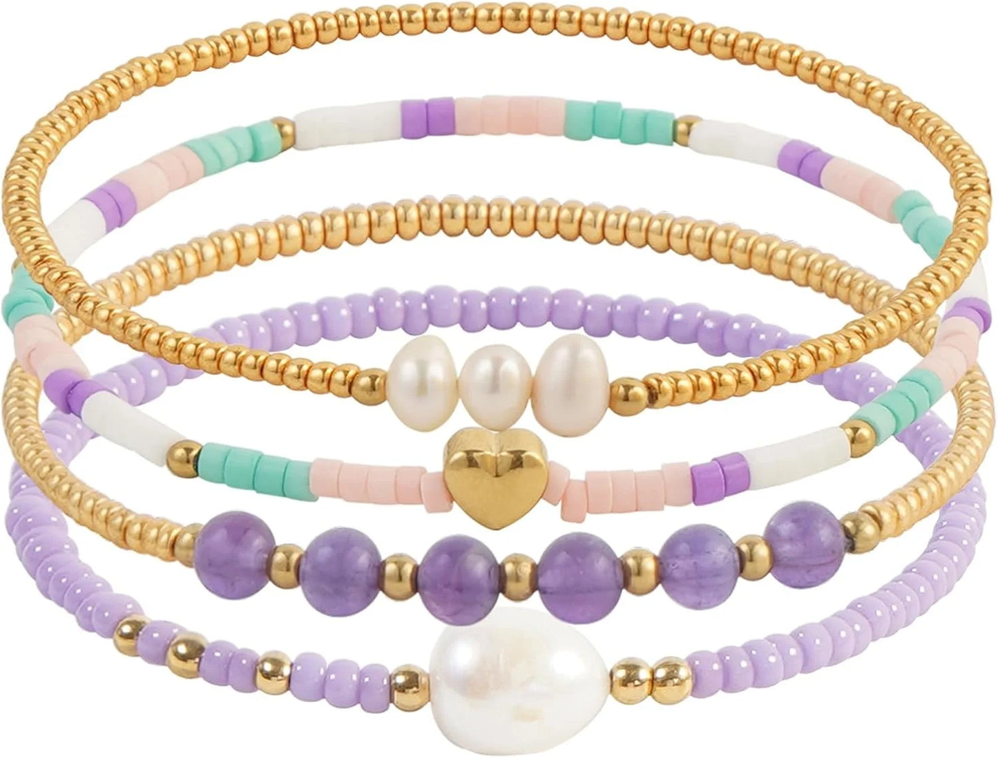 Dainty Gold Pearl Crystal Beaded Bracelets Set for Women