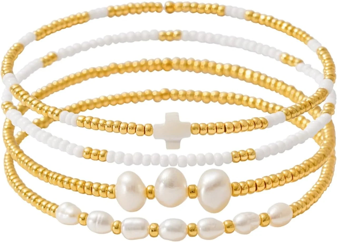 Dainty Gold Pearl Crystal Beaded Bracelets Set for Women