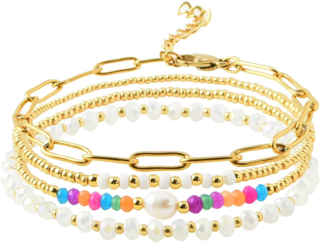 Dainty Gold Pearl Crystal Beaded Bracelets Set for Women