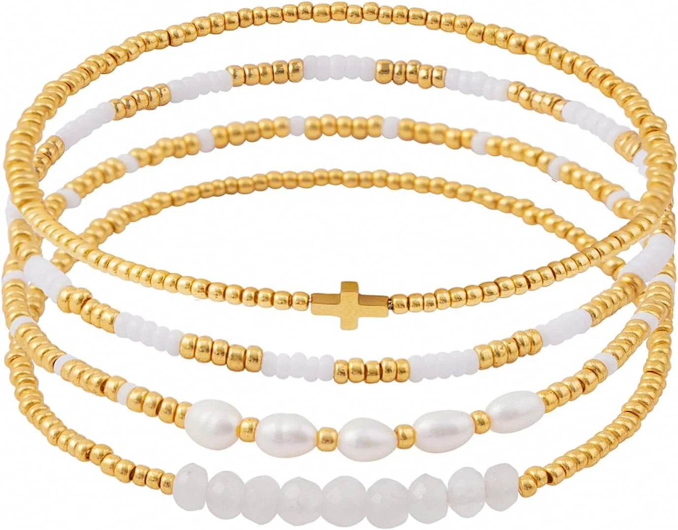 Dainty Gold Pearl Crystal Beaded Bracelets Set for Women