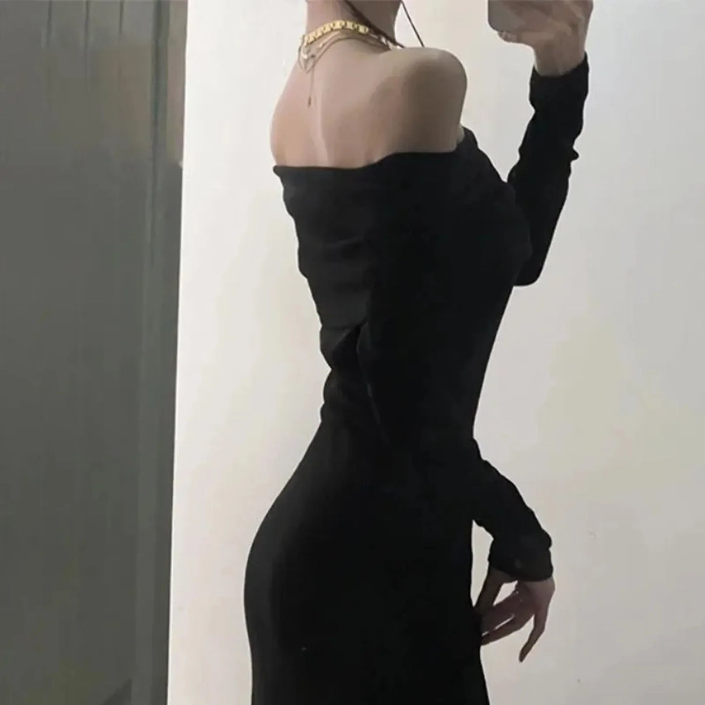 Elegant Long Sleeve Knitted Off Shoulder Maxi Bodycon Sweater Dress