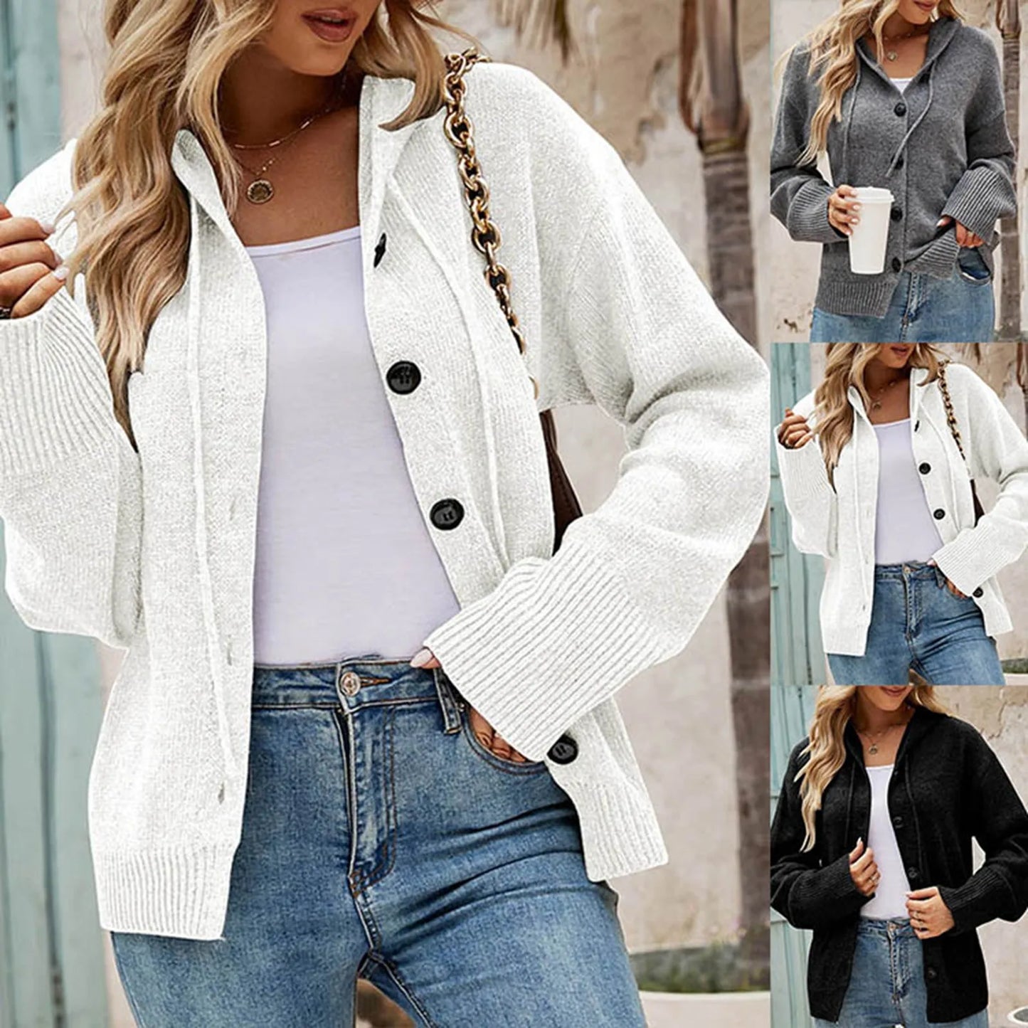 Women's Loose Fit Knitted Button Hooded Sweater