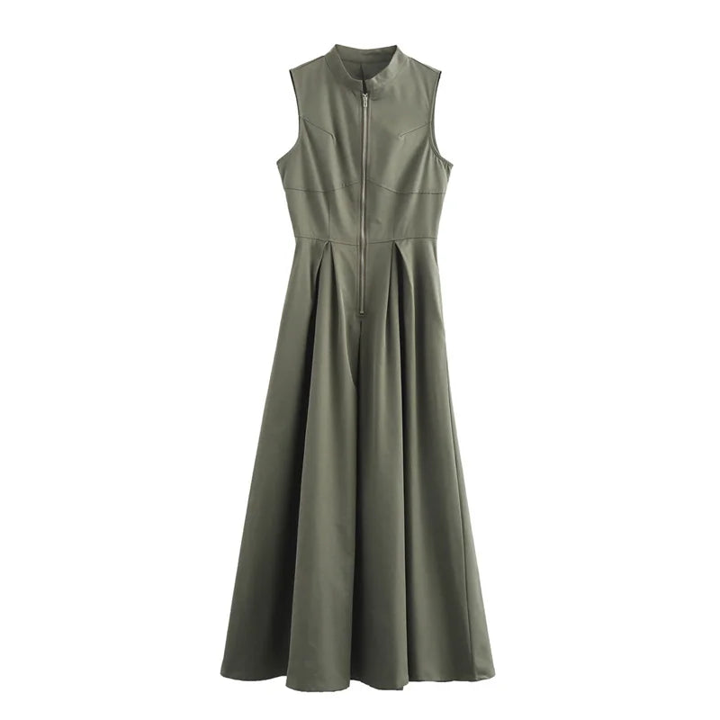 Women's Zipper Front Pleated Sleeveless Long Dress