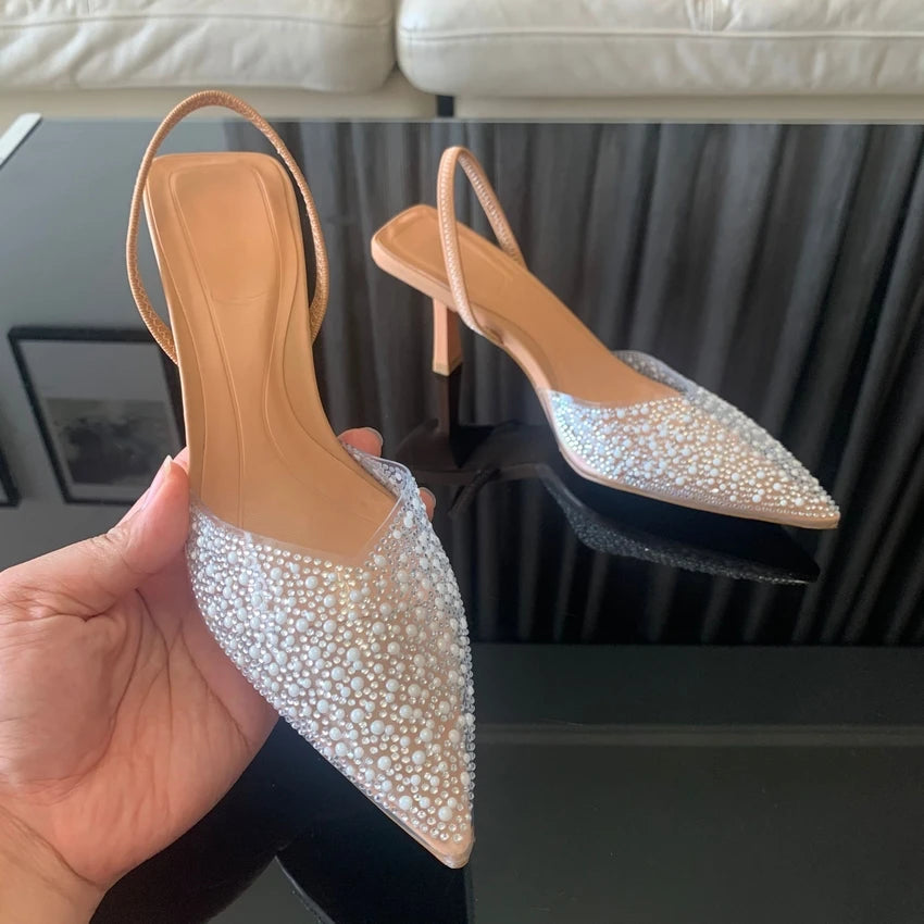 Women Slingback High Heels with Pearl Decoration